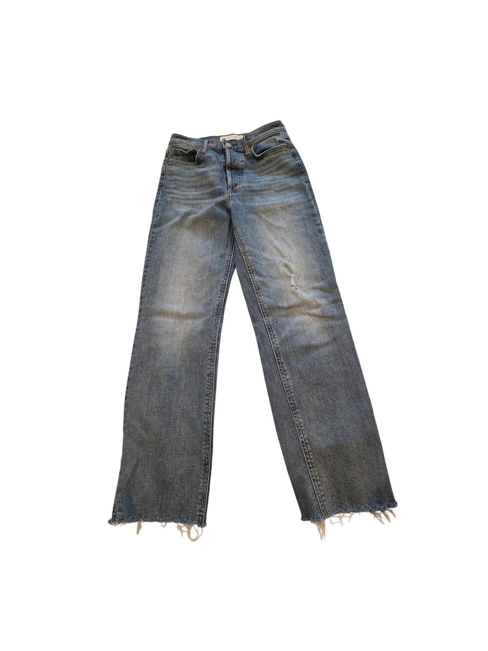 Denim Forum The Arlo‎ High Rise Straight Jeans Womens 25 Blue Raw Hem Button Fly